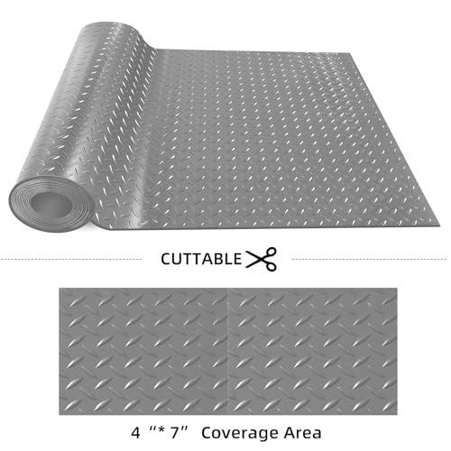 Diamond-Plate Rubber Flooring Rolls - 21FT *16IN Garage Floor Mat - 4x7Ft Grey