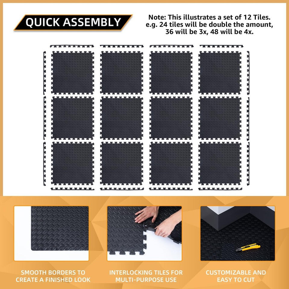 24pc EVA Foam Puzzle Exercise Mat 96 Sq Ft Interlocking Floor Tiles for Gym Home