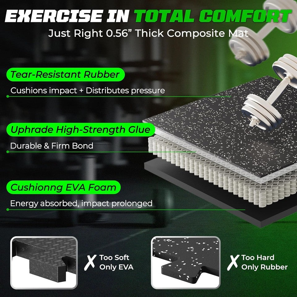 Heavy Duty Rubber Gym Flooring Mats 0.56 Inch Thick Interlocking Tiles 48 Sq Ft