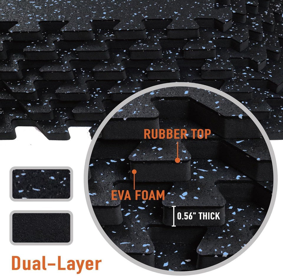 0.56in Thick 24 Sq Ft Rubber Top EVA Foam Gym Mats 6 Tiles Black Blue (66