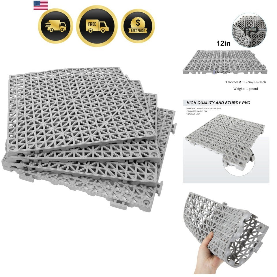 12 Pack 12" x 12" Interlocking Rubber Bathroom Flooring Tiles Non-Slip Splici...