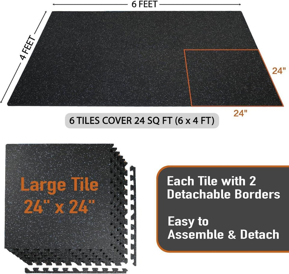 0.56in Thick 24 Sq Ft Rubber Top EVA Foam Gym Mats 6 Tiles Black Blue (66