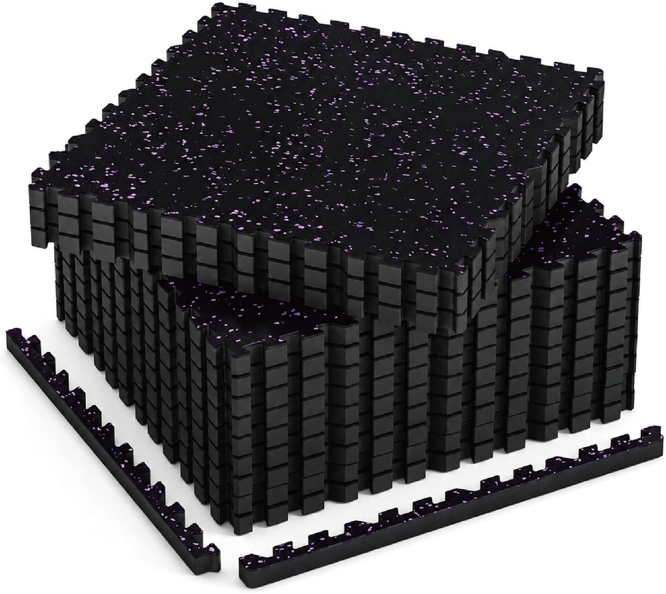 Ultra-Thick 1'' Rubber Gym Flooring 48 Sq Ft - Interlocking EVA Mats Black/Purpl