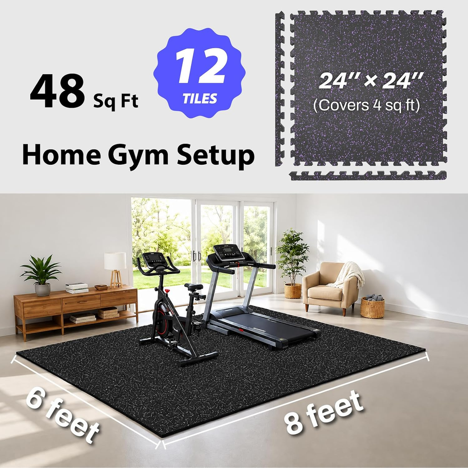 Ultra-Thick 1'' Rubber Gym Flooring 48 Sq Ft - Interlocking EVA Mats Black/Purpl