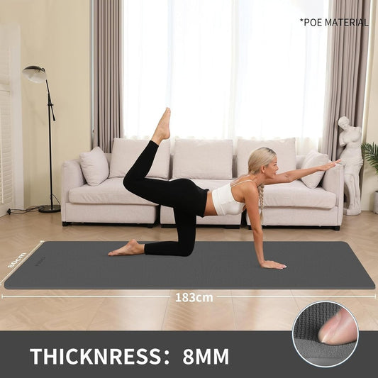 Yoga Mat, Extra Thick 8mm 183 x 80cm Large Exercise Mat, Pilates - Black