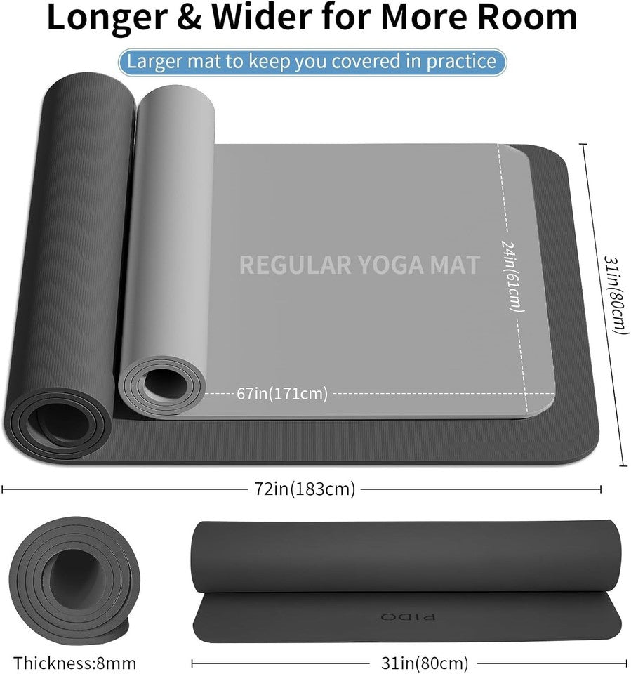 Yoga Mat, Extra Thick 8mm 183 x 80cm Large Exercise Mat, Pilates - Black